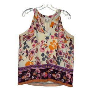 Tabitha Webb Floral Halter Top Sleeveless V-Neck Lined Blouse Purple Orange M